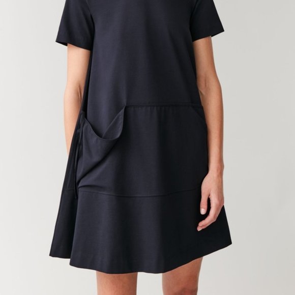 COS dark navy blue tied-pocket cotton swing dress - Picture 3 of 11